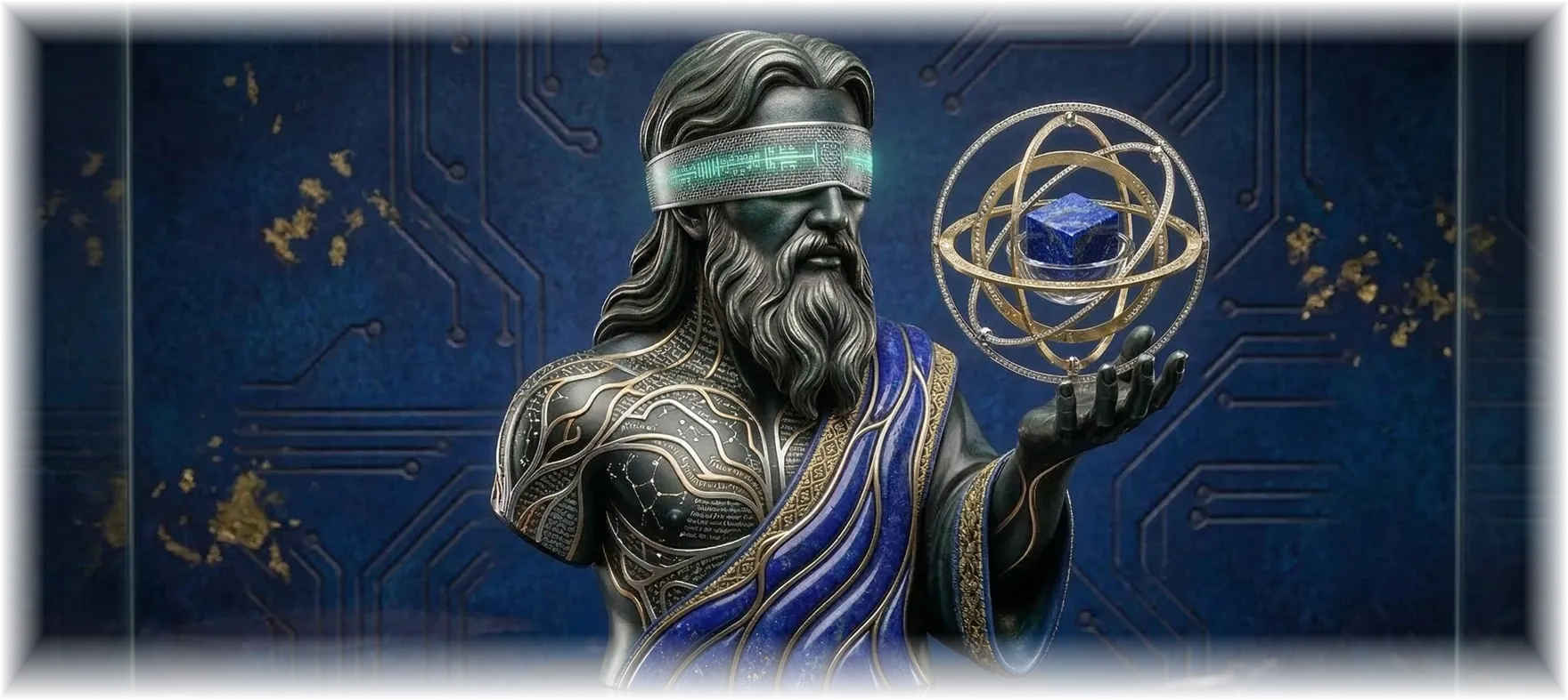 Tiresias — a blindfolded prophet holding a gilded armillary sphere around a lapis cube, symbolizing governed sight over data.